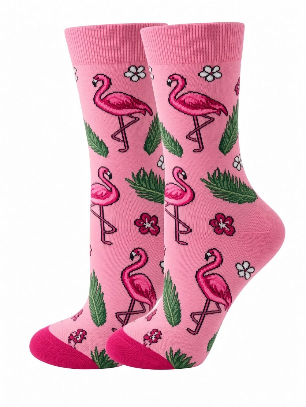 Pink Flamingo Crew Socks Tropical Palm Hibiscus Unisex OS
